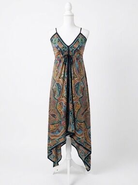 Vintage Wet Seal 100% Silk Paisley Scarf Print Handkerchief Hem Dress XS Y2K